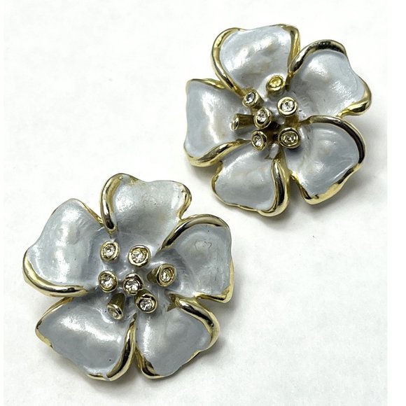 Vintage Blue Enamel Rhinestone Flower Earrings
